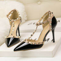 New 9CM Pumps sexy club thin heel shows thin high heel shallow mouth head rivet hollows word to take womens single shoe