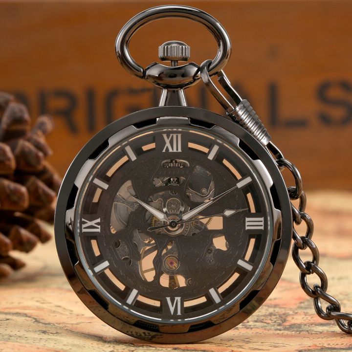 ผู้หญิงไม่มีกล่องสีดำเลขโรมันนาฬิกาข้อมือสีดำเต็มรูปแบบเครื่องจักรแบบแมนนวลนาฬิกาพกโซ่หนาแบบแมนนวล