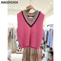 MAOZHUXIA เสื้อกั๊กสไตล์เกาหลีสำหรับนักเรียนเสื้อกันหนาวเข้ากับทุกชุดคอวีทรงหลวมสไตล์ใหม่เสื้อกั๊กเสื้อสเวตเตอร์ไม่มีแขน