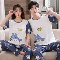 Plus Size Couple Short Sleeve Long Pants Cotton Pajama Sets Women Cute Cartoon Totoro Sleepwear Suit Pyjama Homewear Men Clothes