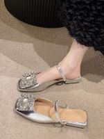 ZARAˉ 2023 New Fashion version Silver French Baotou Half Slippers for Women Summer Outerwear 2023 New Thick Heel Low Heel Rhinestone Square Buckle Internet Popular Sandals