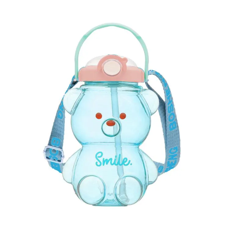 Kawaii Bear Water Bottle With Straw,portable Leak-proof Drinking Bottle  With Adjustable Shoulder Strap For Kids Girls Travel Gift