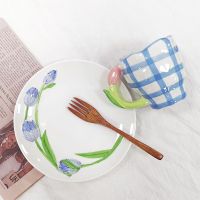 New Ins Relief Three-dimensional Tulip Ceramic Dinner Plate Mug Cake Dessert Afternoon Tea Plate Hand-painted Ceramic Cup