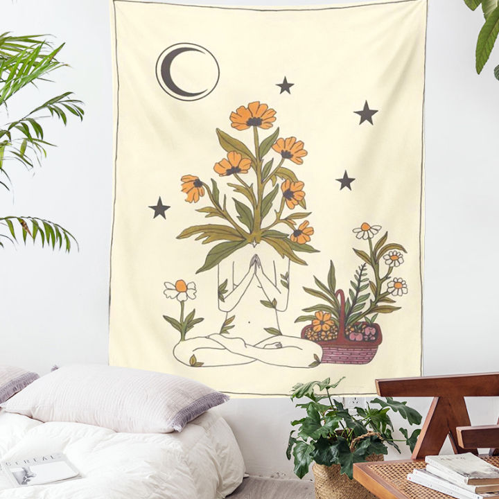 cw-tarot-card-tapestry-sun-moon-star-wall-hanging-astrology-divination-witchcraft-sun-moon-goddess-decor-plant-flower-tapestry