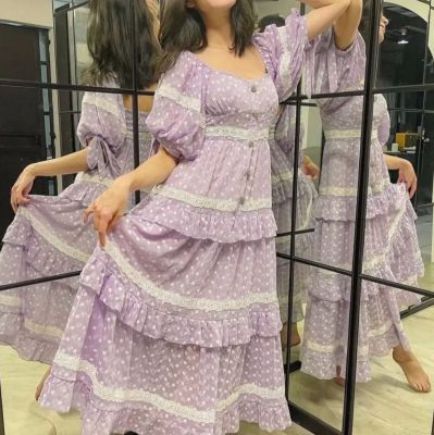 P007-033 PIMNADACLOSET - Short Puff Sleeves Embroidery Purple Chiffon  Dress