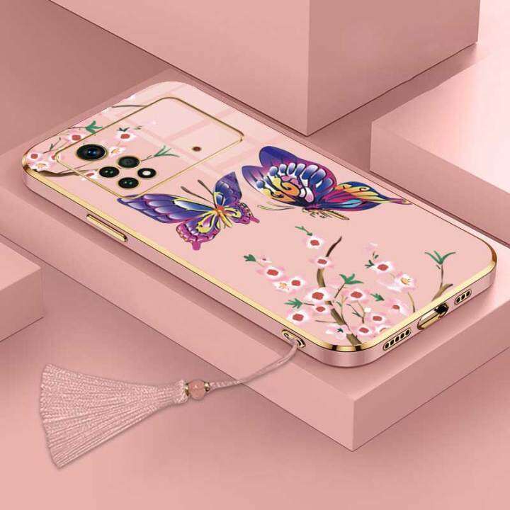 เคสสำหรับ-xiaomi-poco-m4-pro-4g-xiaomi-poco-m4-5g-ผีเสื้อสวยงามหรูหราพร้อมกล้องดอกไม้เคสโทรศัพท์ขอบชุบฝาครอบซิลิโคนนิ่มพร้อมฟรีสายคล้อง