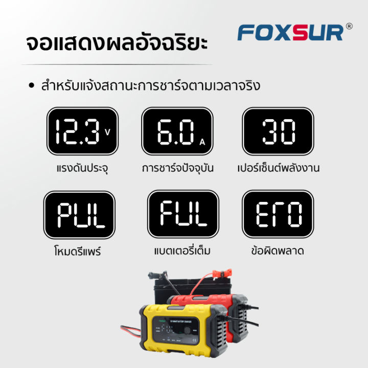 รุ่นใหม่2023-เครื่องชาร์จfoxsur-12v6a-พร้อมระบบcpu-จอlcd-ชาร์จ-ฟื้นฟูค่า-cca-ซ่อมแซม-ใช้ได้กับแบตเตอรี่ได้ทุกชนิด-รถ-มอเตอร์ไซค์-เรือ