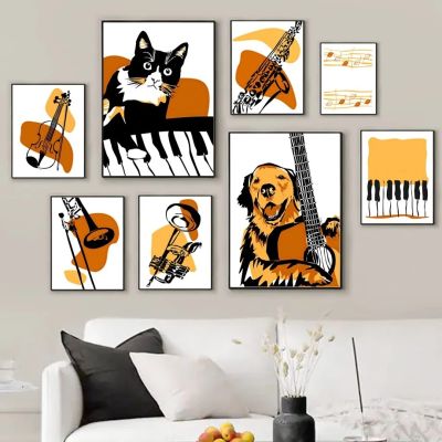 โมเดิร์นการ์ตูนน่ารักแมวสุนัขกีตาร์เปียโนตลกศิลปะโปสเตอร์ผ้าใบพิมพ์รูปภาพห้องนั่งเล่นตกแต่งบ้าน