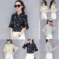 Readystock S-4XL Printed Chiffon Blouse Shirt Women 2020 Summer Clothes Loose Slim Half Sleeve All-match Female Top Large Size Flare Sleeve Office Blouse Women Chiffon Shirt