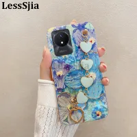 เคสมือถือสำหรับ VIVO Y02A Y02T แฟชั่นบลูฝาหลังอ่อนนุ่มสีน้ำมันภาพวาดดอกไม้ + สร้อยข้อมือความรักป้องกันสำหรับ VIVO Y02A Y02T โทรศัพท์