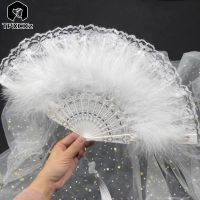 Sweet Feather Folding Fan Japanese Fairy Girl Dark Gothic Court Dance Hand Fan With Pendant Gift Wedding Party Decoration