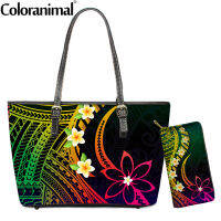 Coloranimal Fashion Gradient Color Polynesian Plumeria Flower Prints Handbag for Women 2Set Shoulder Bag and Purse Leather Bolsa