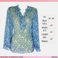 USED - Sheer Light Blue Ruffle Polka Dot Top | เสื้อแขนยาวสีฟ้า สีขาว เสื้อซีทรู ลายจุด คอวี ระบาย ทรงใหญ่ ทำงาน มือสอง