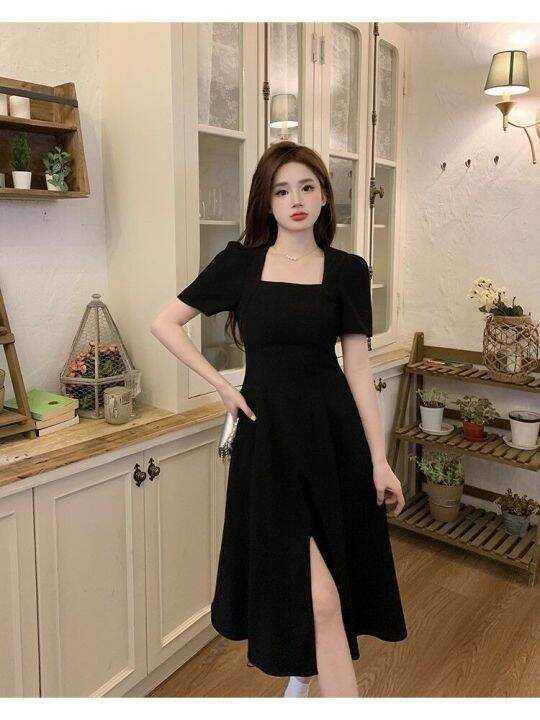 whitetime-ชุดเดรสพิมพ์ลายคอวีเหลี่ยมสำหรับฤดูร้อน-dress301t2596คอปกสี่เหลี่ยมทรงเอวสูงโชว์เนื้อหนังแขนสั้นแบบผ่า