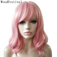 WoodFestival Synthetic Hair Short Pink Wig With Bangs Bob Party Cosplay Wigs For Women Straight Female Ladies 16Inches