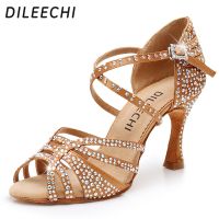 DILEECHI Latin Dance Shoes Women Big Small Rhinestone Salsa Party Wedding Ballroom Dancing Shoes Bronze Black Cuba High Heel 9Cm