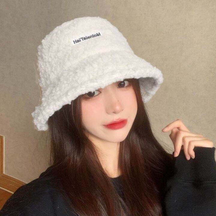 ส่งเร็วพิเศษ-hat-หมวกฤดูหนาว-หมวกไหมพรม-หมวกบักเก็ต-ผ้าขนแกะ-หมวกบักเก็ต-หมวกแฟชั่นสไตล์เกาหลี