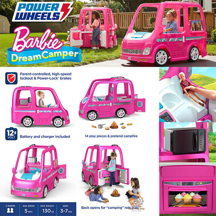 รถสำหรับตั้งแคมป์นั่งขับเคลื่อนด้วยแบตเตอรี่power-wheels-barbie-dream-camper