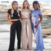 Casual Fashion Women Suits Summer O Neck Short Sleeve Cropped Tees Loose Trouser Solid 2Piece Sets Wide Leg Pants Elegant Outfit