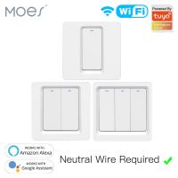 ♗☢❂ MOES WiFi Push Button Switch Neutral 2MQTT Tuya Smart life APP light Control Alexa Google voice 2/3 Way Switches 1/2/3 gang