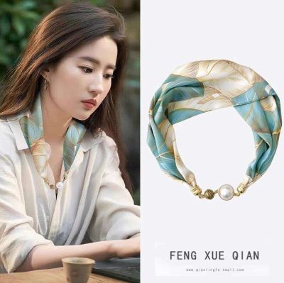 ♂☂ New pearl buckle long necklace silk scarf female simple summer decorative spring and autumn retro all-match
