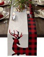 【LZ】❁❆  Linen Red and Black Check Santa Claus Reindeer Table Runner Christmas Decorations Home Party Wedding Party Table Runner