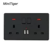 【Chat-support】 Minitiger Wall Power Socket Double UK มาตรฐาน Outlet เปลี่ยน2.1A Dual USB Charger พอร์ตไฟ LED 146มม. * 86มม. สีดำ