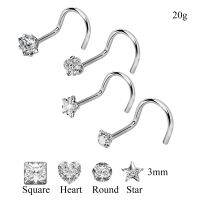 4pcs/lot 20G Surgical Steel Twisted Nose Studs Screw Ring Body Piercing 4 Shapes Rhinestone Nose Ring Crystal Nostril Jewelry