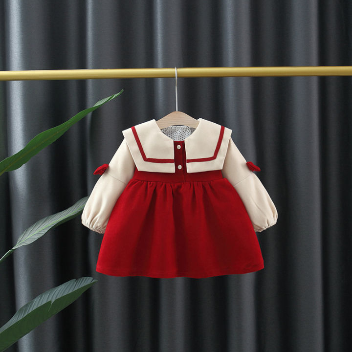 lapel-button-baby-long-sleeve-dress-bow-two-color-baby-dress-autumn-thickening-warm-girls-childrens-clothing