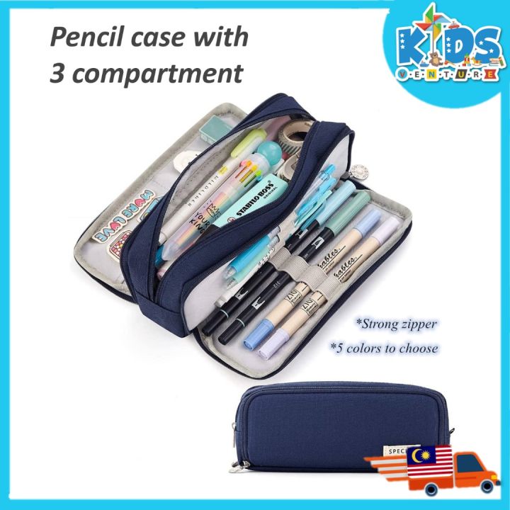 Angoo Pencil Case Big Capacity 3 Compartments Canvas Pencil Pouch For Girls  School Students ,a