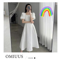 [OMIUUS] ชุดเดรสผู้หญิงชุดเดรสสไตล์ฝรั่งเศสชอบครั้งแรกแขนพองชุดเดรสเข้ารูปเอวฤดูร้อน