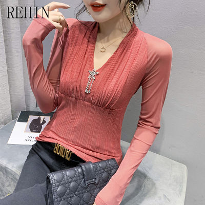 REHIN เสื้อยืดคอวีผู้หญิงแขนยาวคอวีอเนกประสงค์,เสื้อฉบับภาษาเกาหลีมาใหม่ล่าสุดฤดูใบไม้ร่วง2023