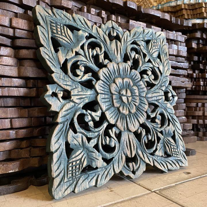 งานคุณภาพ-งานไม้สัก-สีแอนทิค-ลายไทย-ขนาด-30x30-cm-ไม้สักแกะสลัก-ไม้สักฉลุ-ทนแดด-ทนฝน-teak-wooden-carved-flower-tropical-decor-wall-mounted