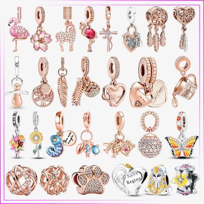 925 Silver Rose Gold Insect Chameleon Flamingo Dragonfly Flower Charm Plata De Ley Heart Bead DIY For Original Bracelet Jewelry