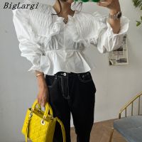 Pleated Modis Korean Loose Casual Blouse Women Fashion V-neck Ladies Tops Office Woman Blouse 2023 New