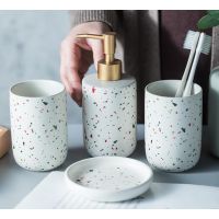 【jw】☼  Pintado Cerâmica Redonda De Quatro Peças Porcelana Terrazzo Mouthwash Cup Loção Garrafa Saboneteira Decoração Do Banheiro Suprimentos