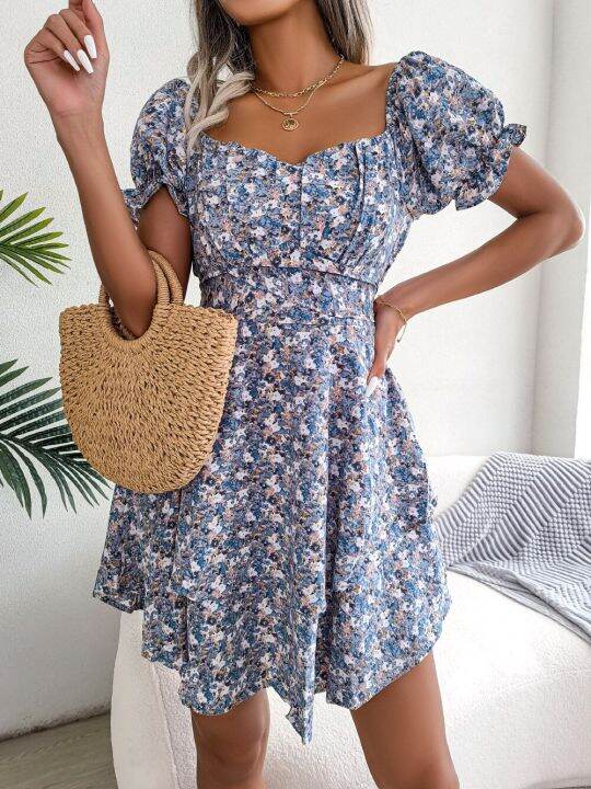 women-casual-floral-print-short-sleeve-slim-waist-ruffles-a-line-dress-summer-clothing