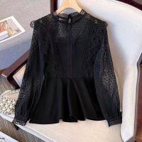 COD dhdfxcz plus size korean style women ladies slim waist lace round neck long sleeve shirt blouse baju baju wanita lengan panjang