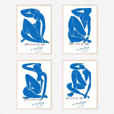 Nordic Abstract Art Matisse โปสเตอร์ Blue Theme ตัวอักษรพิมพ์ภาพวาดผ้าใบสำหรับห้องนั่งเล่นและตกแต่งบ้าน