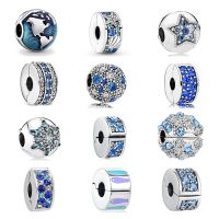 New shiny blue Round shell buckle Clip Beads Fit Original Pandora Necklace Charms Silver 925 Bracelet Women Jewelry Making Gift