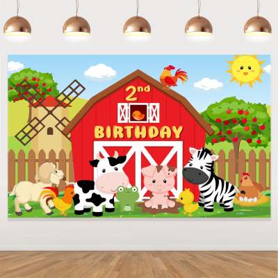 Jollyboom Farm Red Barn Backdrop for Kids Party, Cartoon Farm Animals 2nd Birthday Party Photoshoot Photography Background, Farm Theme Party Cake Table Banner Photobooth Decorations