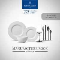 [SET] Villeroy &amp; Boch - Manufacture Rock blanc Perfect Dinner Set ชุดอาหารเย็นพอร์ซเลนสีขาว สำหรับ 4 คน (ชาม, จาน 27 ซม., จานสลัด 22 ซม., แก้วไวน์ขาว)x4 + ชุดช้อนส้อม 16 ชิ้น