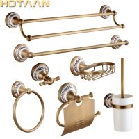 Antique Brushed Solid Brass Bathroom Accessories Sets European Porcelain Bathroom Hardware Sets Ceramic Retro Bathroom Products