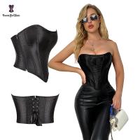 【LZ】❏℗¤  Espartilho curto com renda com fecho para mulheres osso de plástico overbust acetinado plus size monocromático preto estilo verão 16