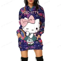 Women Long Hoodie Dress Casual Loose Hello Kitty Print Outerwear Hoodies Ladies Long Sleeve Pocket Hooded Sweatshirt