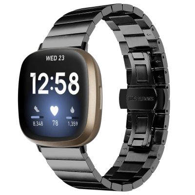 สำหรับ Fitbit Versa 4 / Sense 2สายนาฬิกาโลหะตัวล็อกแบบผีเสื้ออเนกประสงค์ (สีดำ)