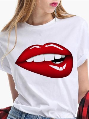✟☬ Lips Saying Tee Female Soft T Shirt Short Sleeve Crewneck shirts