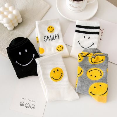 Personality Street Smiley Socks for Women Summer Korean Middle Tube Ins Style Cute Cartoon Cotton Female Socsk