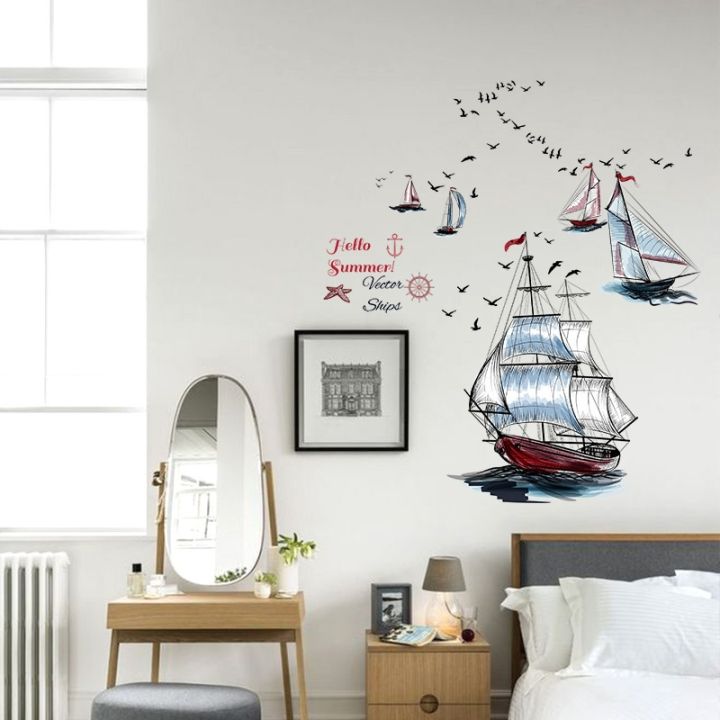 modern-sailboat-ship-seagull-summer-scenery-view-wall-stickers-living-room-garden-bedroom-waterproof-removable-art-decals-mural