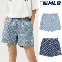 P5 MLB-NY Yankees Celana Pendek Denim 2023ฤดูร้อนของผู้หญิงสายตายาวยาวเต็มไปด้วยภาพพิมพ์และเครื่องหมายเต็มแสดงกางเกงห้าจุดกีฬาบาง